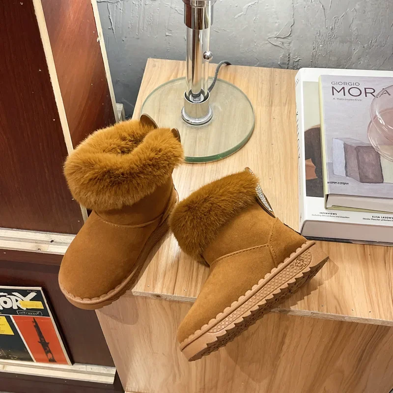 Bottes de neige en cuir de vachette véritable pour enfants, chaussures en coton doux et chaud avec peluche, bottes en daim à une fourrure, bottes de princesse rétro, garçons et filles, hiver