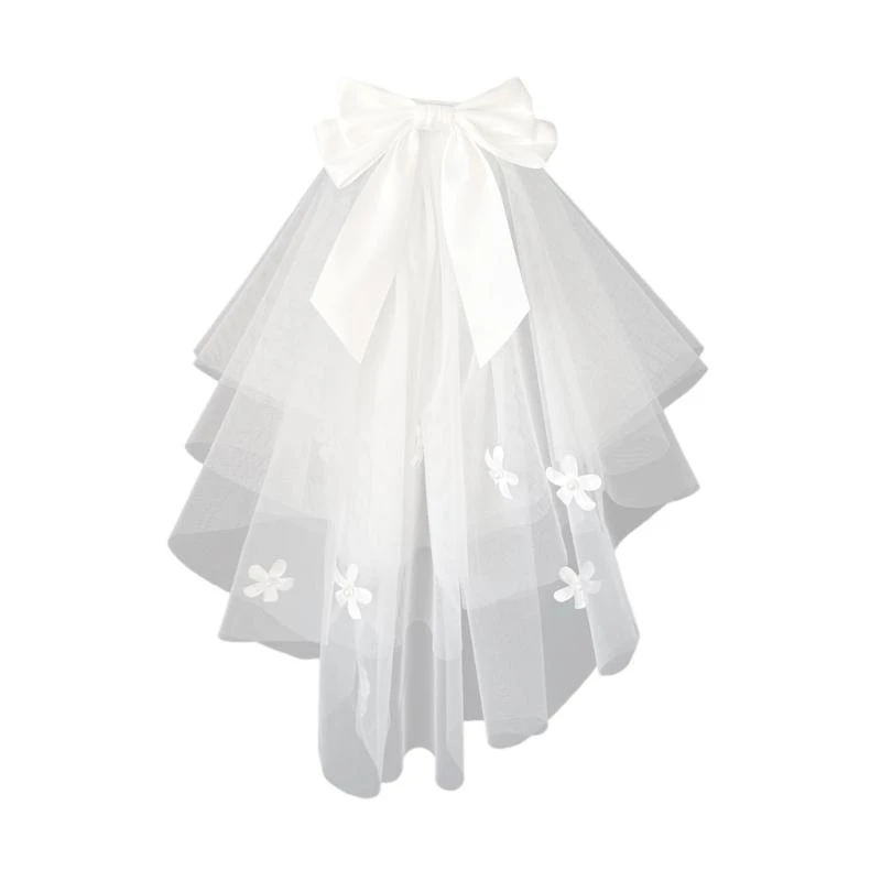 

Bowknot Veil Short Wedding Veil Pearls Flower Veil Bride Photography Accessories 15UB