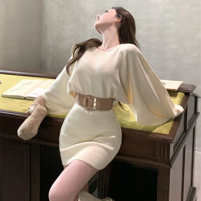 جديد الفرنسية Batwing كم فساتين صغيرة النساء خمر س الرقبة محبوك فساتين الخريف الخصر محرك سليم التفاف الورك فستان للمرأة #5