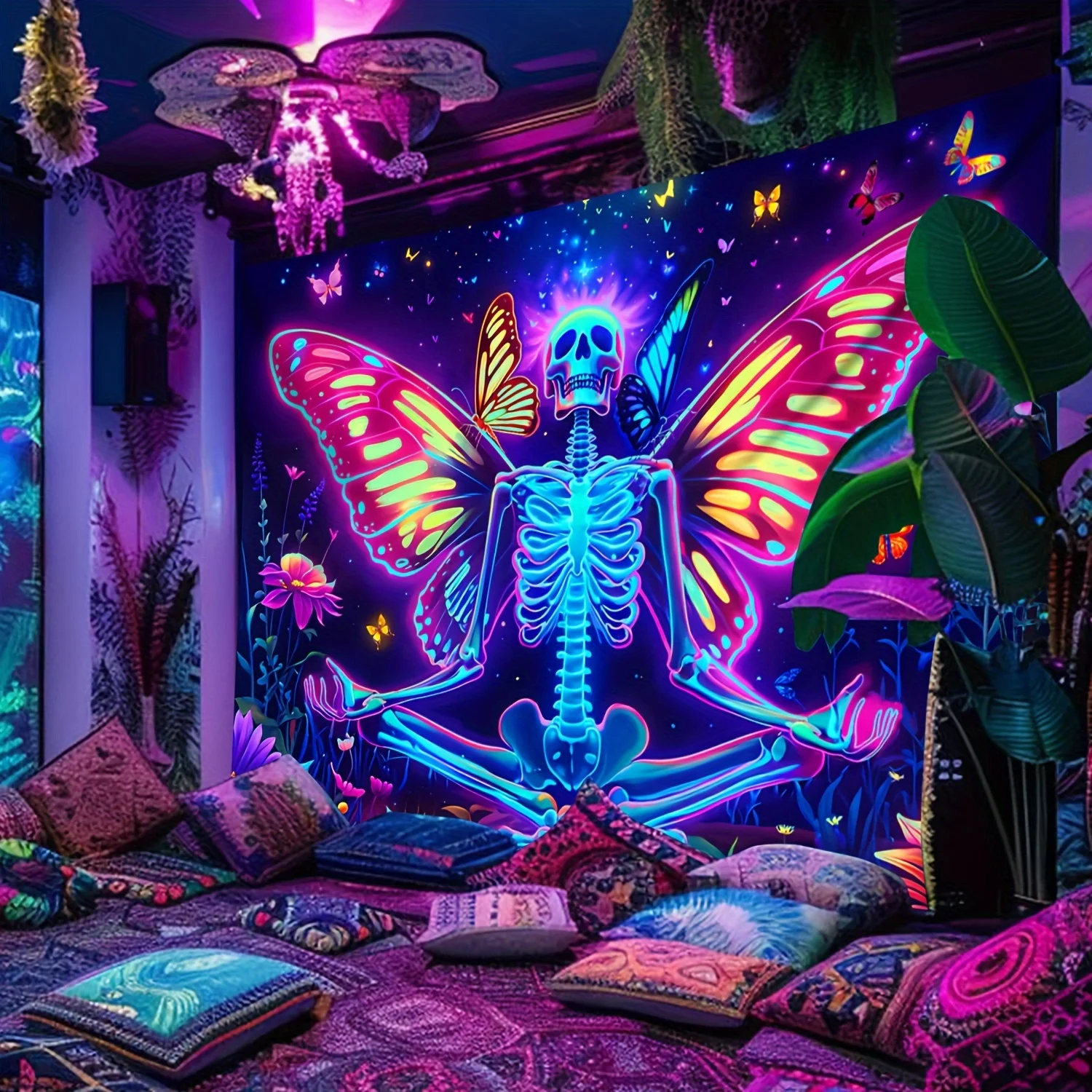 VIKAMA Fluorescent Fabric Wall Hanging Picture - Bohemian Style Wall Decor Item - Witch Skull Butterfly Wing Pattern Home Decor