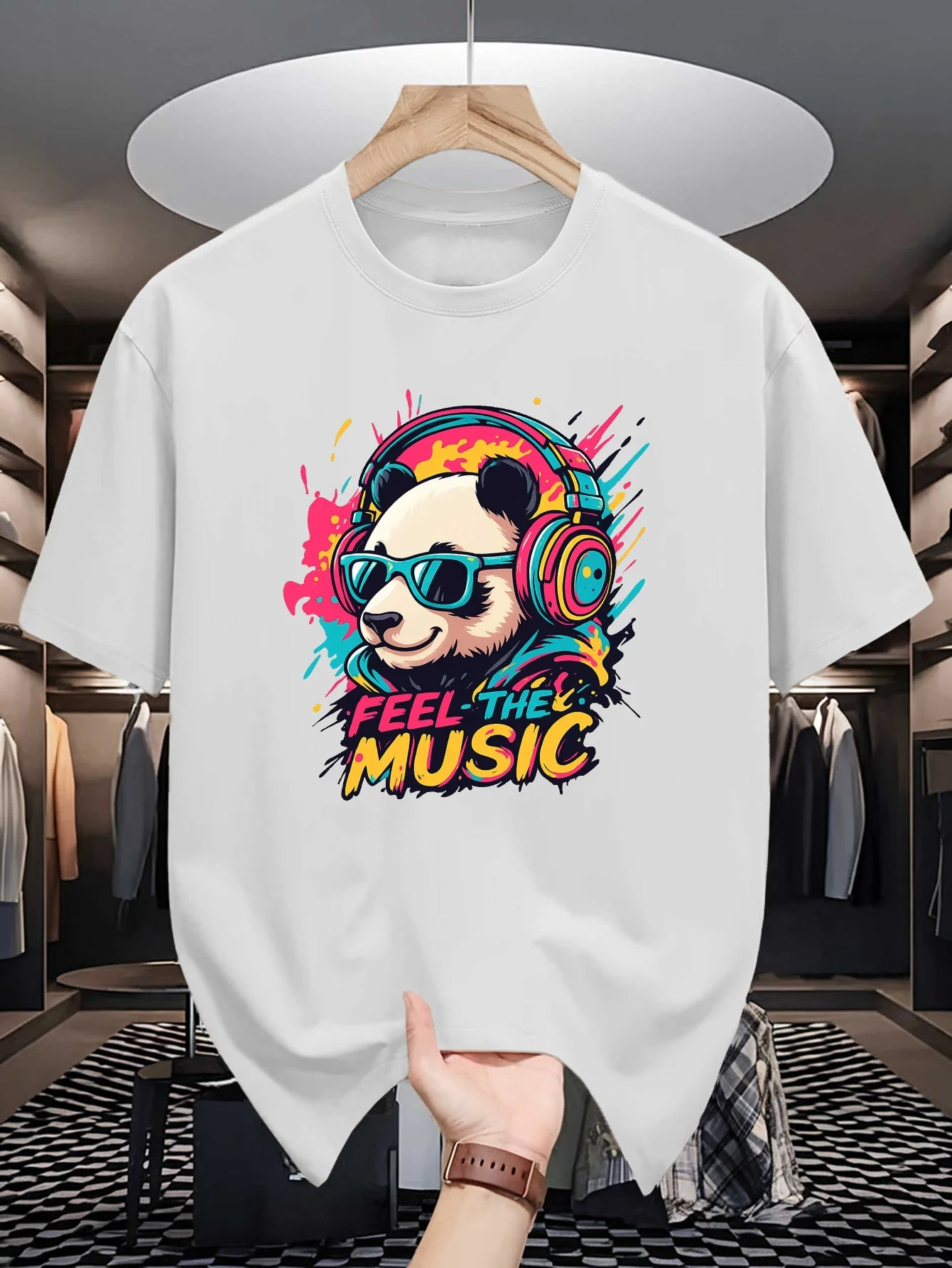 Cool Panda Headphones Graffiti Graphic Mens Crew Neck T Shirt Feel The Music Print Short Sleeve Casual Cotton Daily Street Tops