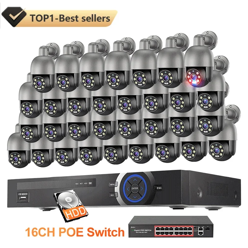 32CH 5MP 8MP POE PTZ Camera System Smart Ai Human Detected Two-way Audio Color Night 4K H.26S Security Surveillance Kit