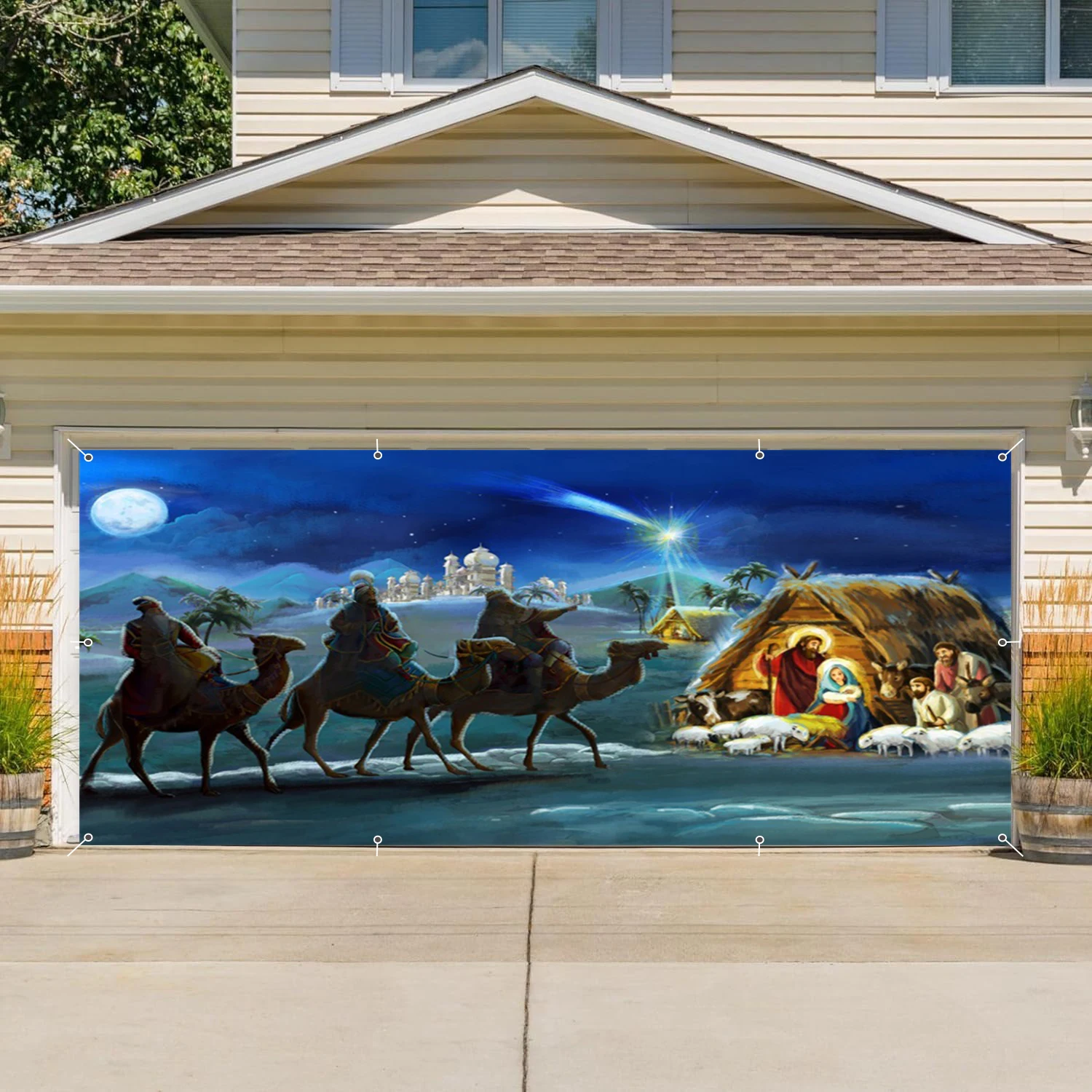 Christmas Birth of Jesus Garage Wall Background Christian Religion Horse Groove Scene Home Courtyard Decor Garage Door Frame