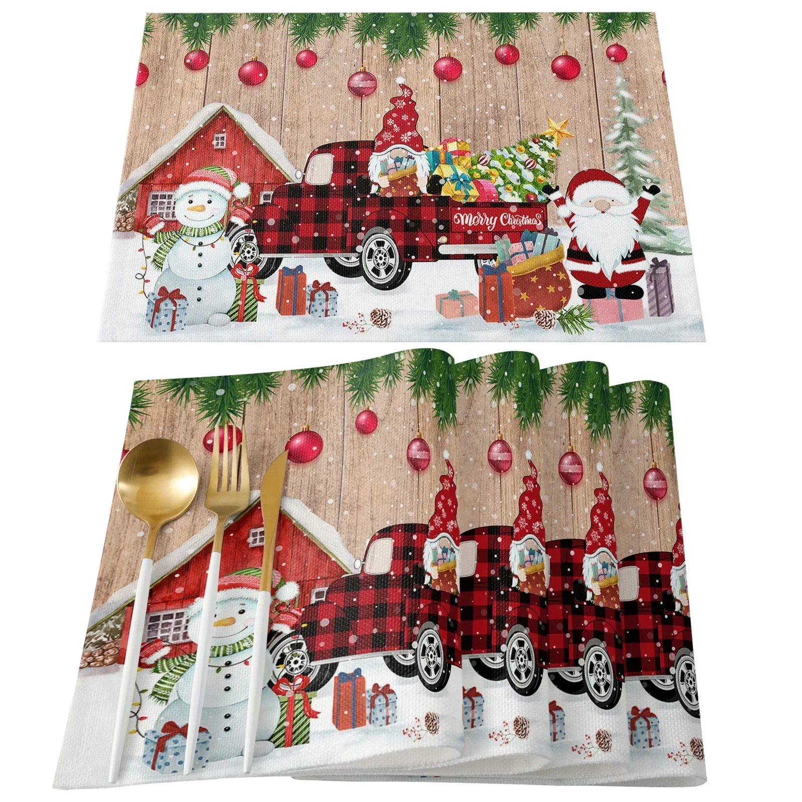 Placemat Christmas Snowflake Gnome Wood Grain Kitchen   Coffee Dining Table Mats Coaster Pad