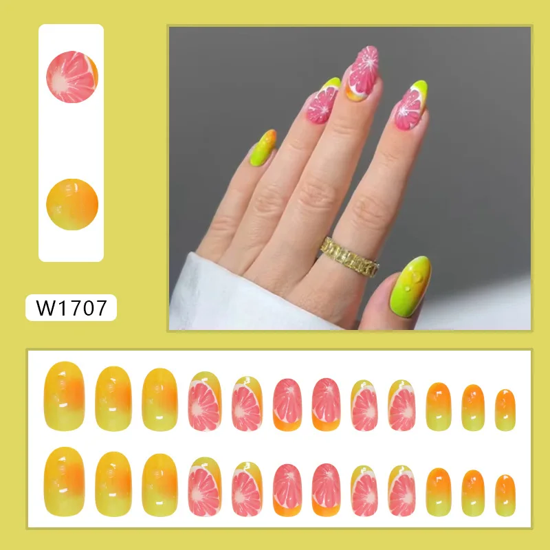 24pcs Short Almond False Nail Tips 3D Red Grapefruit Designs Press On Nails Glossy Yellow Green Wearabke Fake Nail Patches