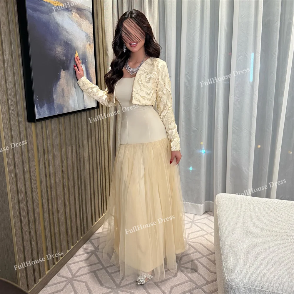 

Custom Made Elegant Boat Collar Tulle Solid Sheath Saudi Dress Long Beading Evening Dress with Jackets شارون سعيد