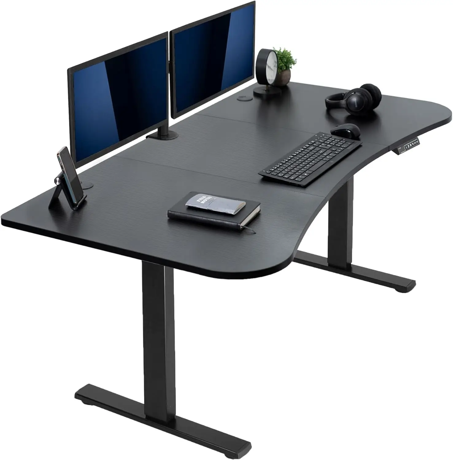 

63 x 32 inch upright desk, desktop workstation, storage controller height adjustment, black carbon fiber top, black frame