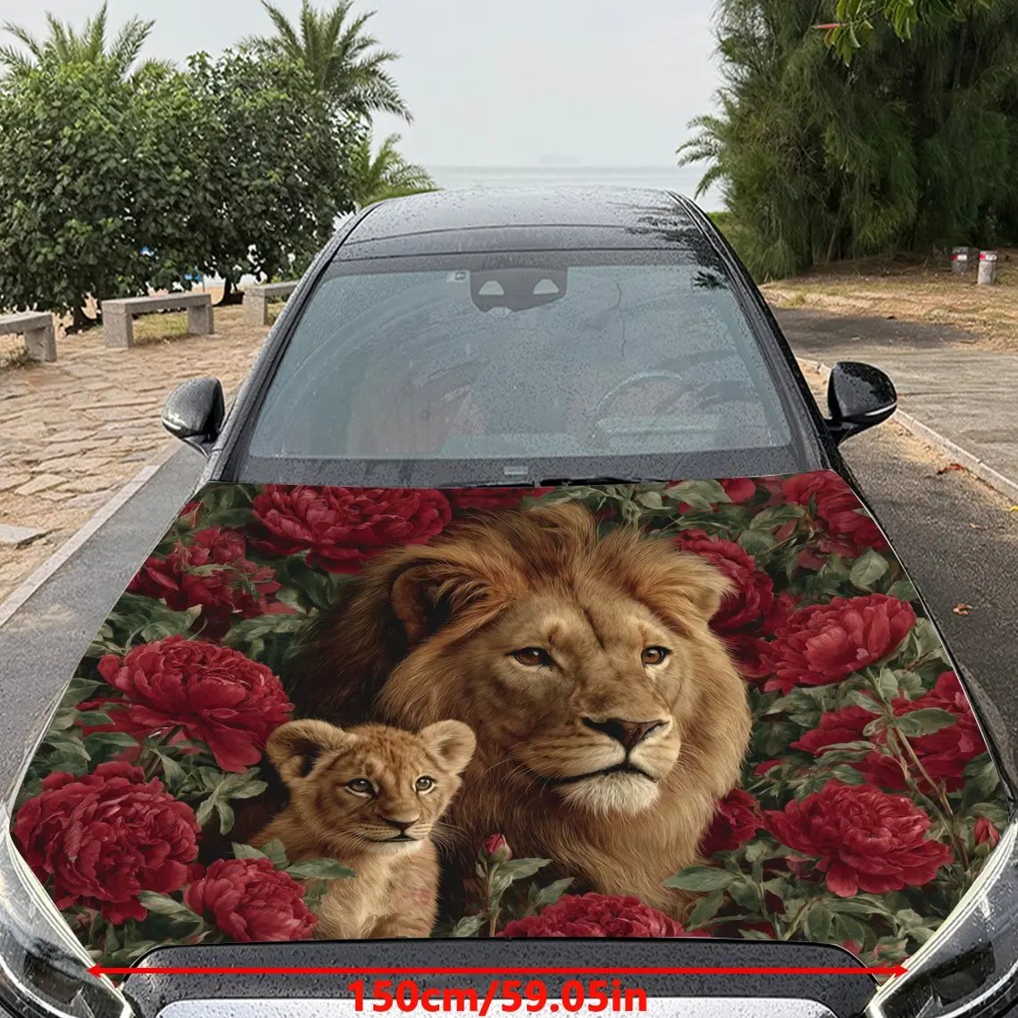 Elegant Floral Lion Family Car Hood Sticker,Waterproof Self-Adhesive Vinyl Graphics Decals,Decorative Auto Accessories Stickers