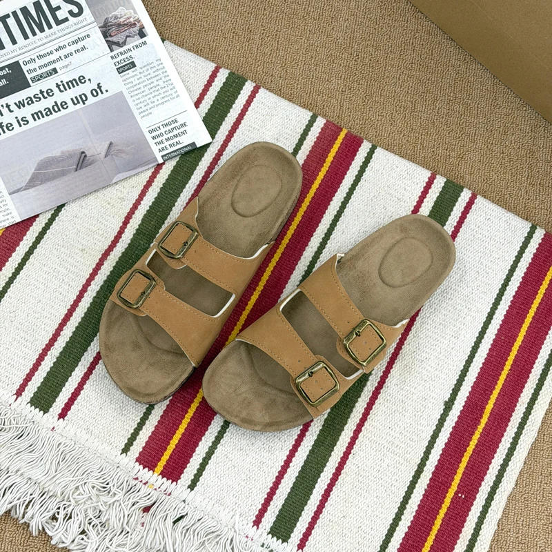 Summer Trend Cork Cool Slippers Couple Double Strap Thick Bottom Outdoor Sandals Anti slip Comfortable Flat Shoes