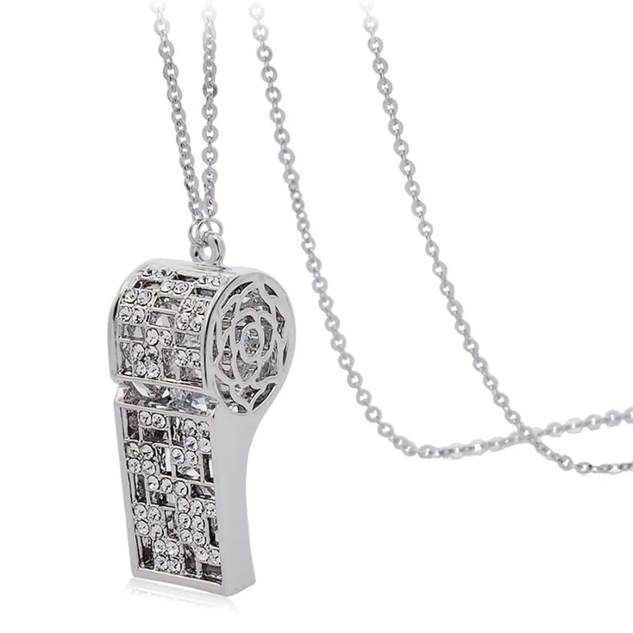 

Hollow Rhinestone Whistle Pendant Necklace Stainless Steel for Elegant Womens ; Sliver