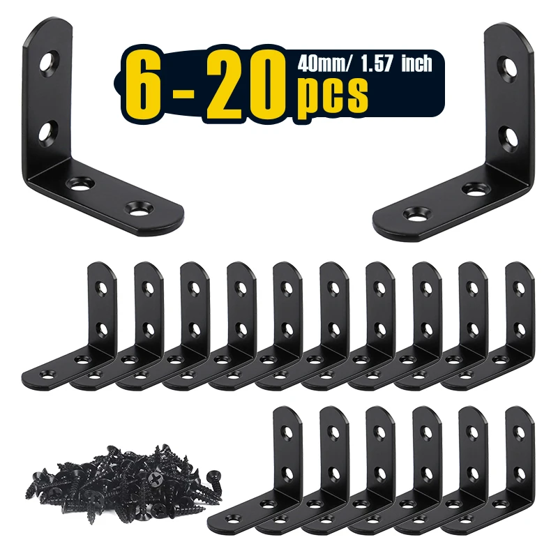6-20 Pcs L Bracket Stainless Steel Corner Brace, Black, 1.57 X 1.57 Inch Right Angle L Shape Brackets with Screws for Furniture