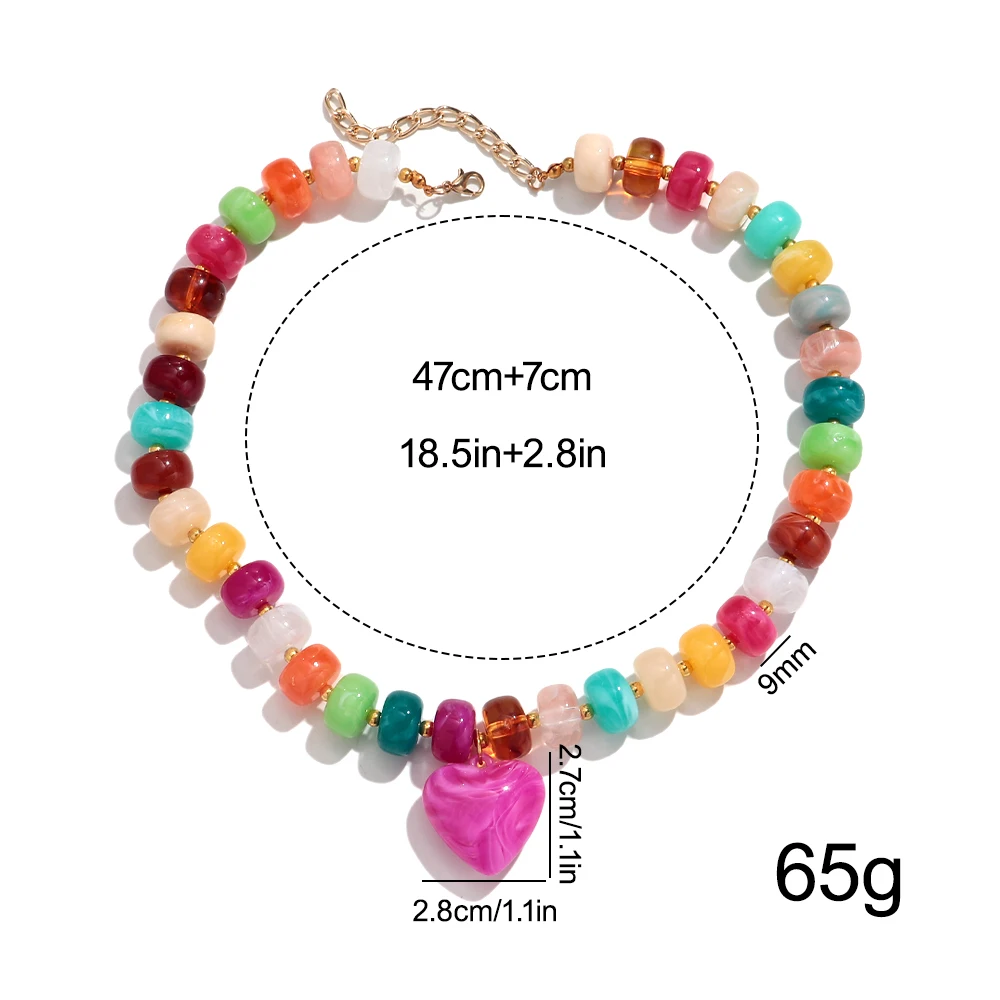 Boho Bunte Acryl Flache Runde Perlen Herz-Anhänger Halskette Geometrische Liebesherz Perlen-Choker Trendiger Schmuck Geschenke – Detail 1