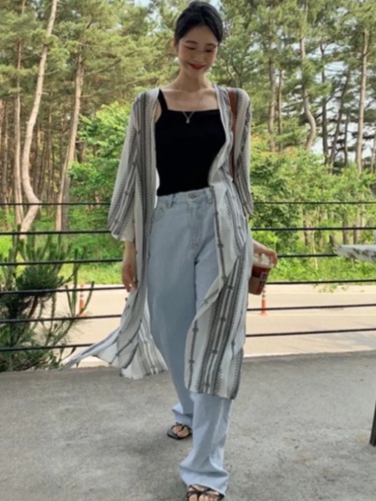 Retro pigro stampa etnica Batwing Sve irt Abito da donna con protezione solare allentata con spacco dal design coreano Faionable Seven-Sve Bl...