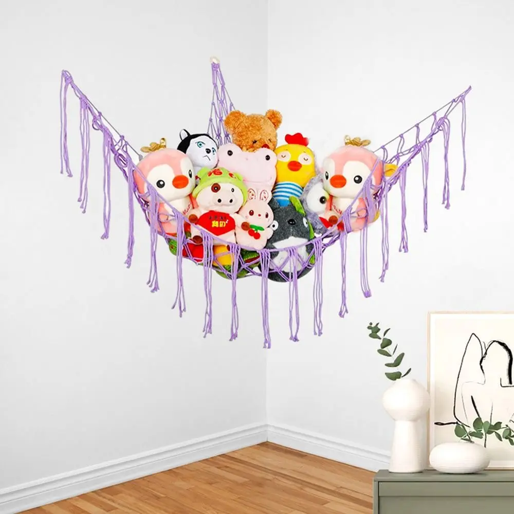 Creative Wall Corner Toy Hammocks Woven Cotton Rope Hanging Storage Net Organizer Stuffed Mesh Tassels Triangle Toy Net