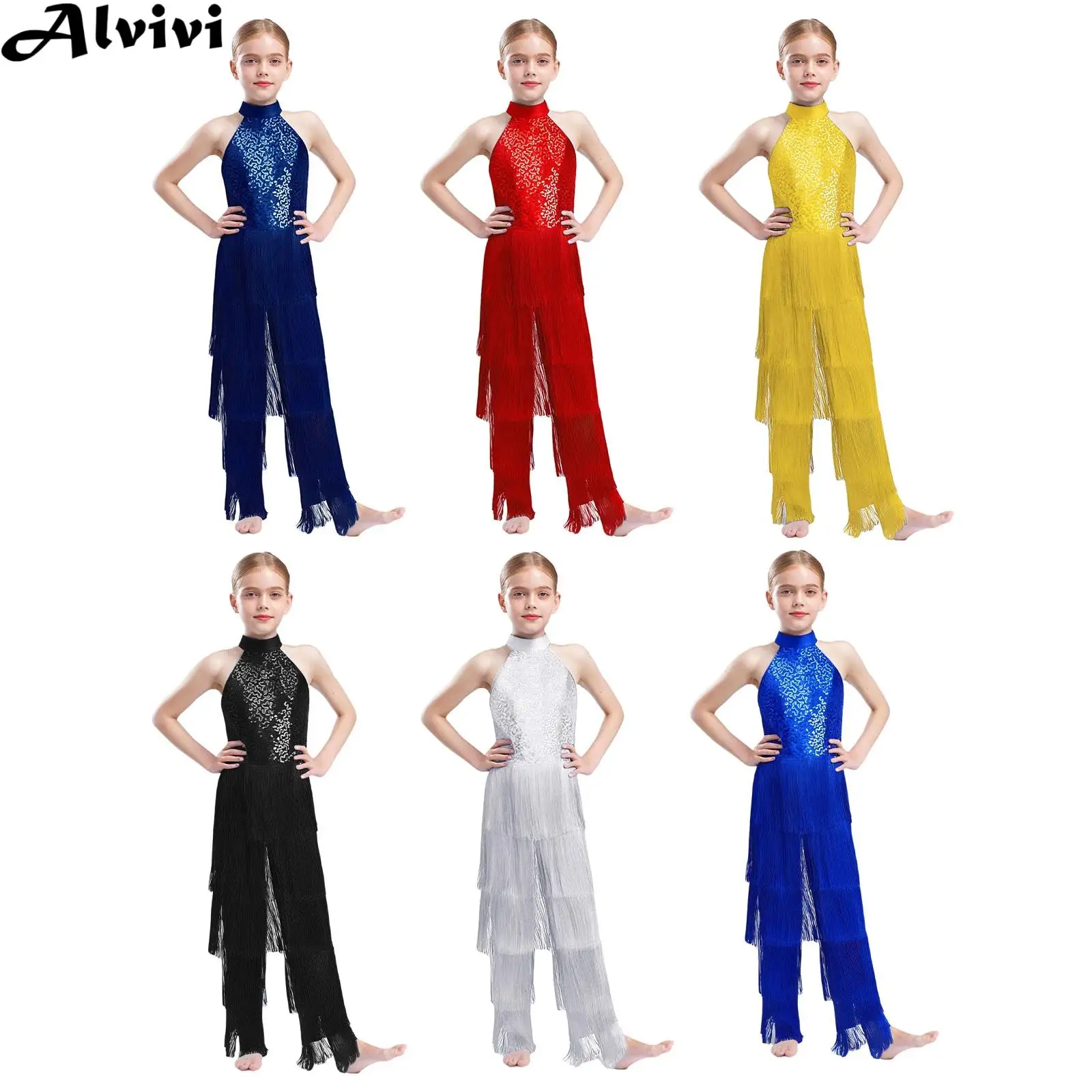 

Детский комбинезон без рукавов с блестками и кисточками для девочек, комбинезон для латинских танцев 70-х годов, диско-ча, современное боди для сальсы, бального танго