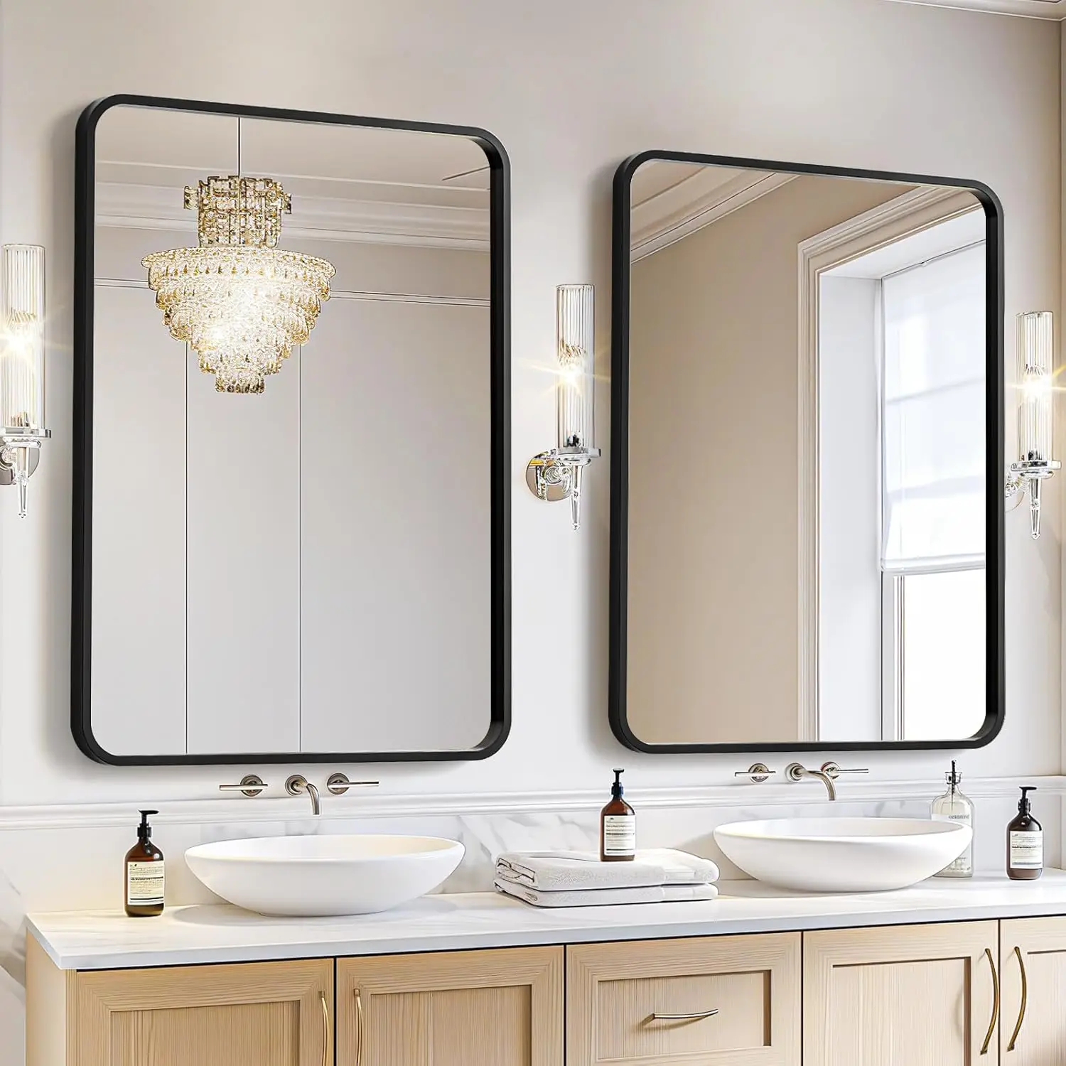 2-Pack Black Bathroom Mirrors Over Sink 22 x 30 Inch, Metal Frame Rectangle Mirror, Modern Farmhouse Vanity Mirror, Wall Mounted