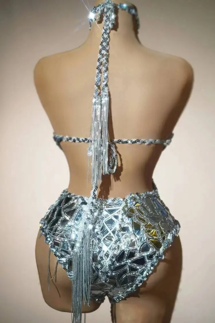 Strój dla showgirl, kostium na imprezę, strój na koncert, kostium na występ, strój na imprezę, nowy damski srebrny błyszczący cekinowy kombinezon, strój drag queen