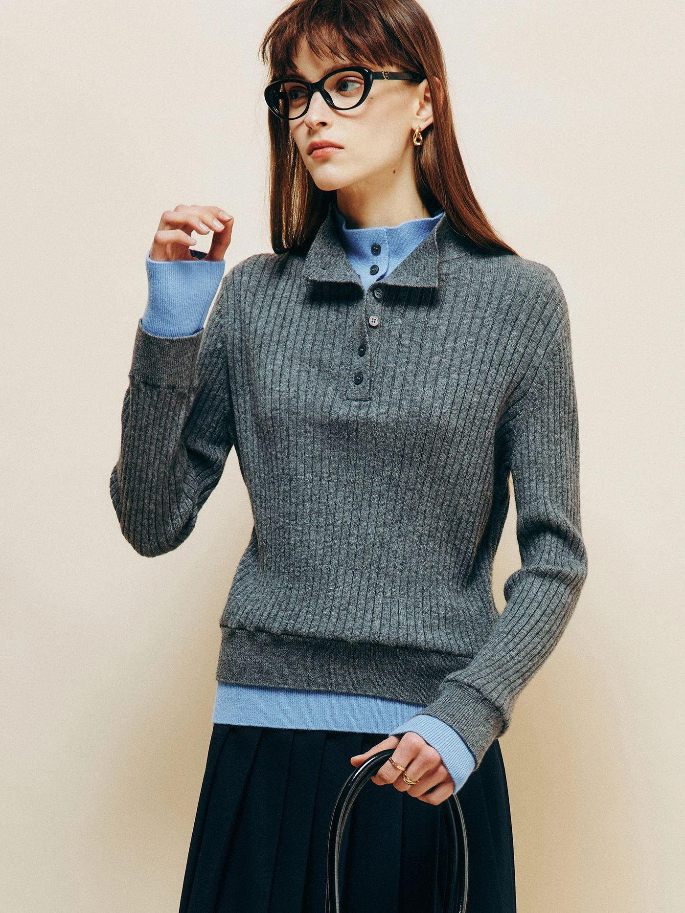 

Woolen Knitted Sweater Women's Casual Sle f High Collar Patchwork Fake Two-Piece Design Slimming Vertical Stripe Pattern