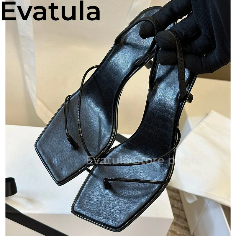 2024 Summer Narrow Band Genuine Leather Kitten Heel Sandals Women Square Toe Flip Flops Slippers Sexy Dress Mules Shoes Ladies