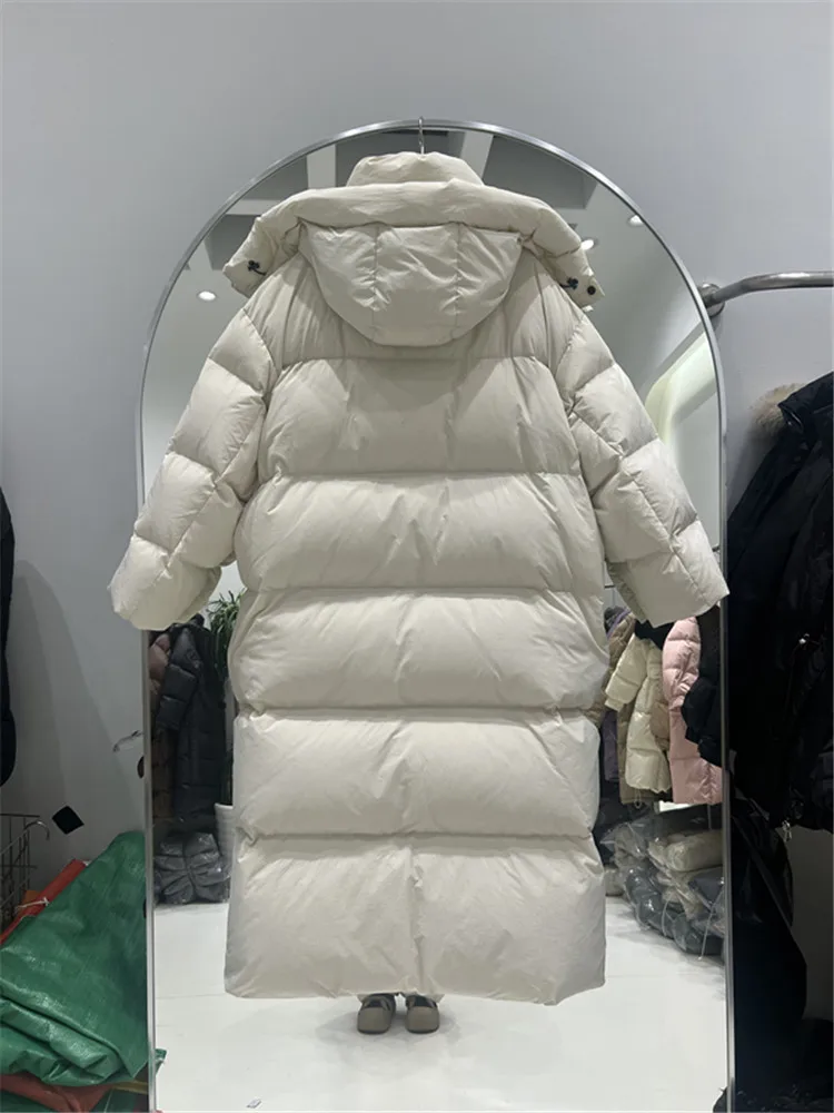 2024 Winter New Women's Long Down Jacket Over Knee Thickened Loose Straight Tube Large Quilt White Duck Down Coat Trendy Female