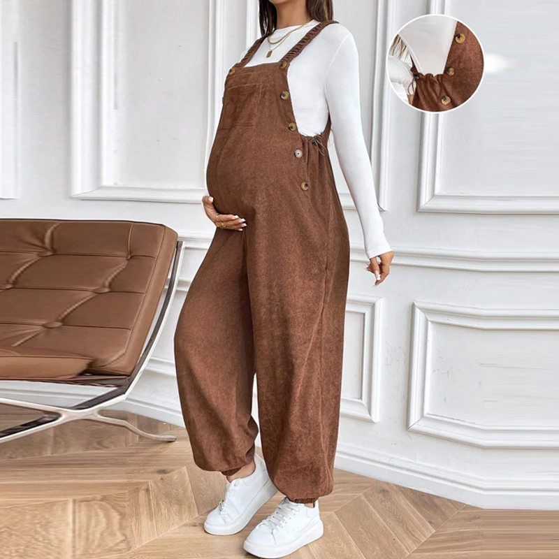 Pregnant Women Pants with Adjustable Waist 2025 Autumn Winter Maternity Clothes Casual Fashionable and Loose Corduroy Overalls