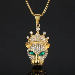 Fashion Men Stainless Steel Hip Hop Zircon Bling Iced Out Panther Leopard Crown Pendant Collar Chain Necklace for Men Women