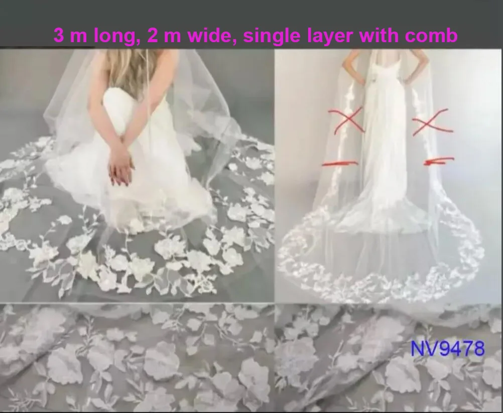 

Длина 3 м, ширина 2 м, однослойная свадебная фата, NV9478