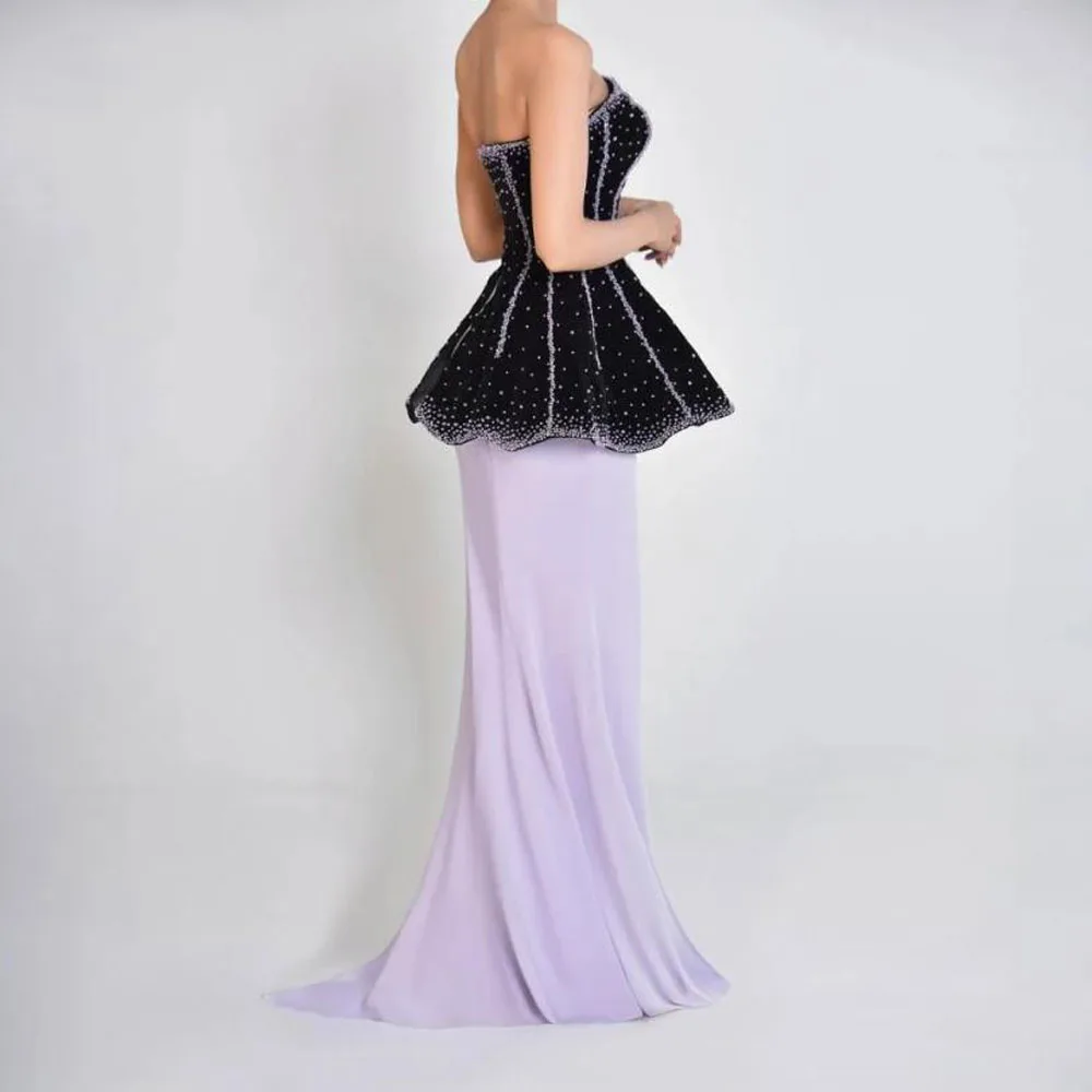Sukienki wieczorowe bez ramiączek z baskinką w kolorze fioletowo-czarnym dla kobiet, zdobione koralikami, eleganckie vestidos de fiesta.