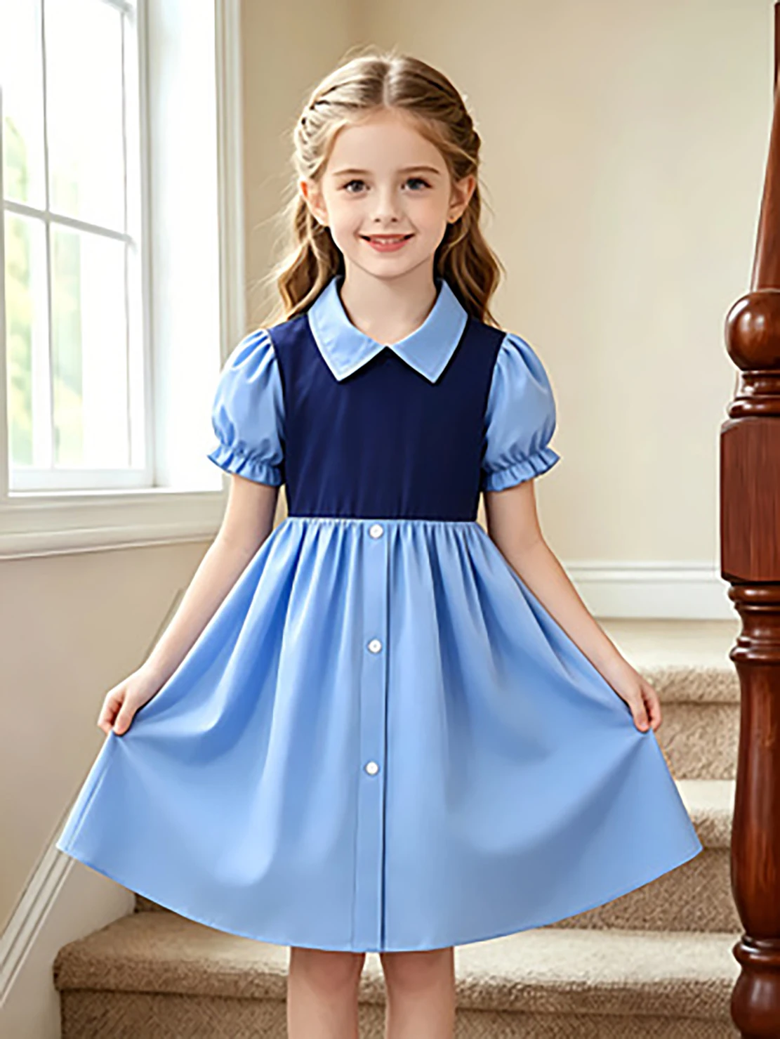 Girls' Blue Color Block Preppy Princess Dress, Summer Lapel Puff Sleeve Dress