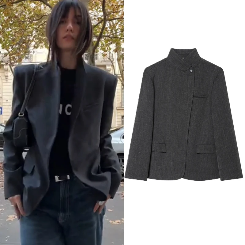 

Женский модный однобортный пиджак, винтажное пальто с длинными рукавами и карманами на клапанах, верхняя одежда, осень 2024, элегантные женские офисные куртки