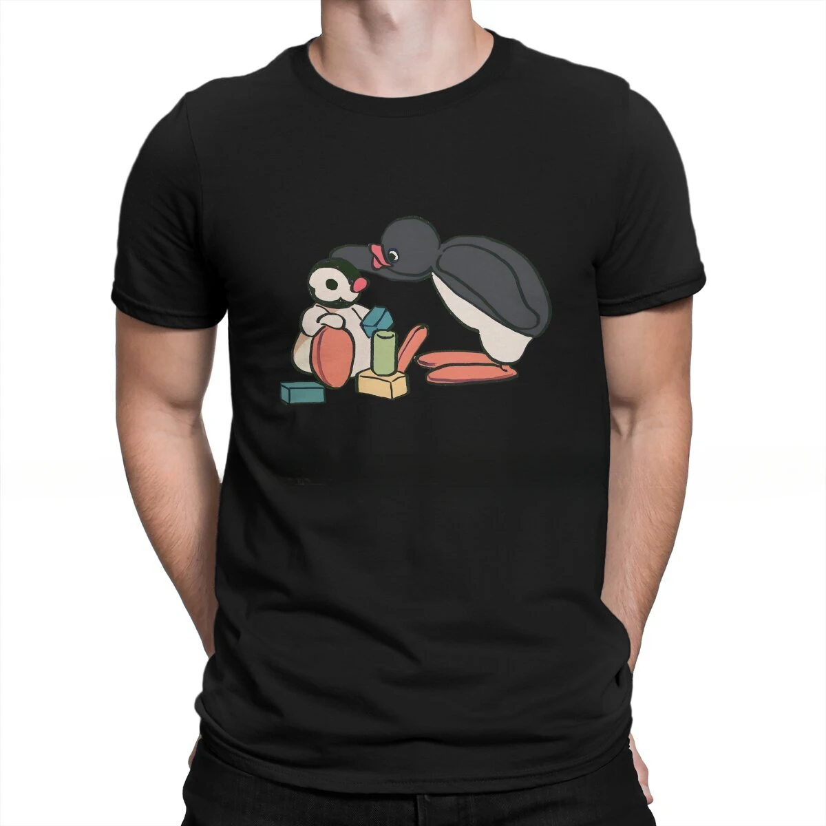 Gaming Pure Cotton Tees Harajuku Daily I Draw Pingu And Pinga Head Pats O Neck TShirt Pingu Anime Fabric Basic T Shirt Men