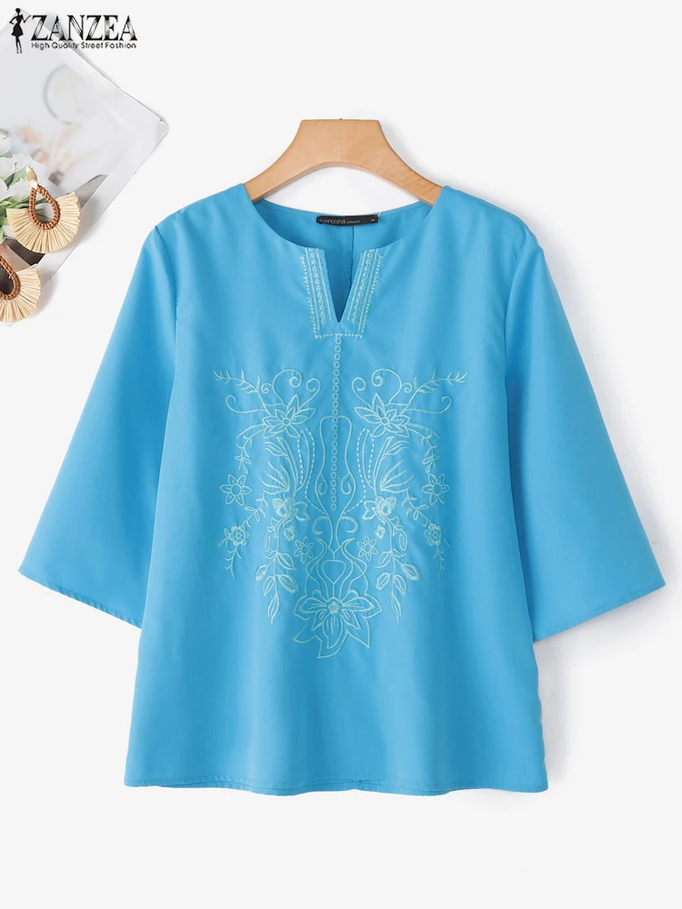 

ZANZEA модная блузка с v-образным вырезом и цветочным принтом, осень 2022, женские повседневные рубашки с рукавами 3/4, свободные топы-туники, элегантные офисные блузки