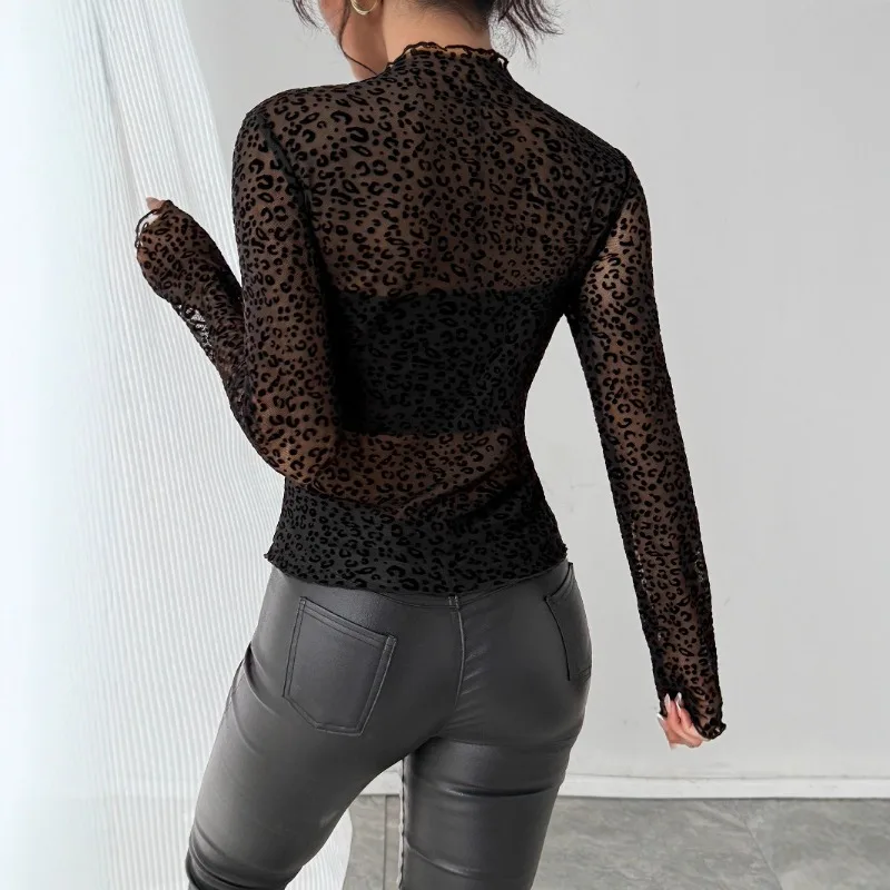 Women Mesh Long Sleeve Top Leopard Print See Through Mock Neck Sheer Blouce Fishnet Shirt Slim Street Date Night Club Party Tops