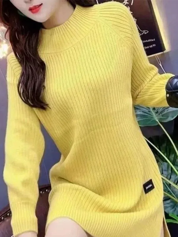 Retro Lazy Style Women's Knitwear Half High Collar Soft Cozy Medium Length Sweater Trendy Autumn Winter Gentle Design Sense