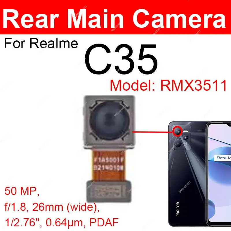 Front Back Rear Camera For Realme C35 C25 C25S C25Y Main Camera  Small Selfie Camera Flex Cable Module Replacement Parts