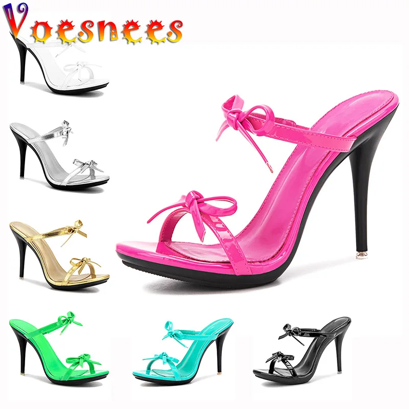 2022 Newest Narrow Band Women Sandals Cute Little Bowknot Party Sexy Stilettos Candy Color High Heels Fashion Black Summer Shoes