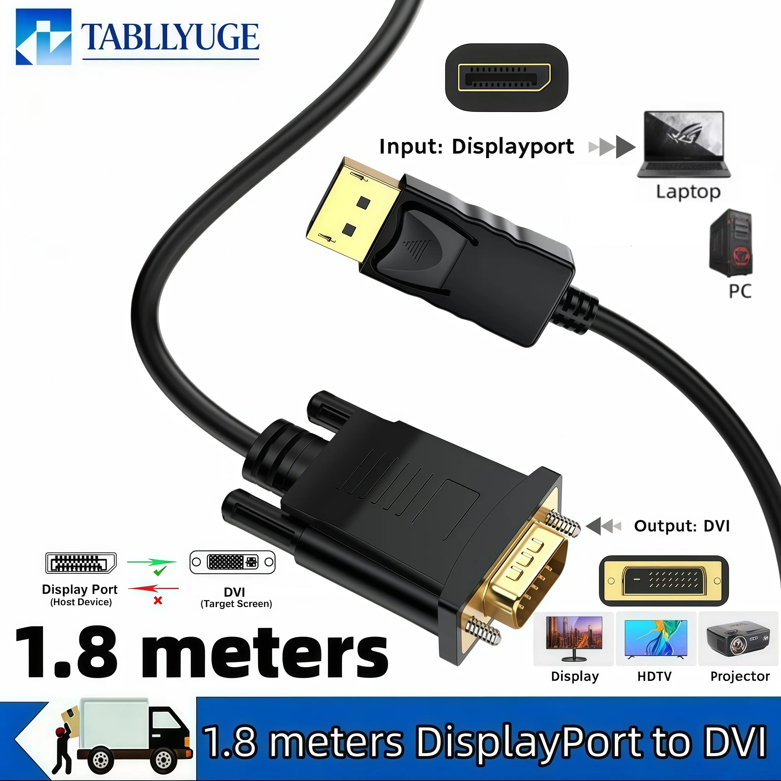 1.8-Meter DisplayPort DP to DVI Cable Driver Free Compatible with Windows 7/8/10 MacOS PC Computers and HDTV Monitors