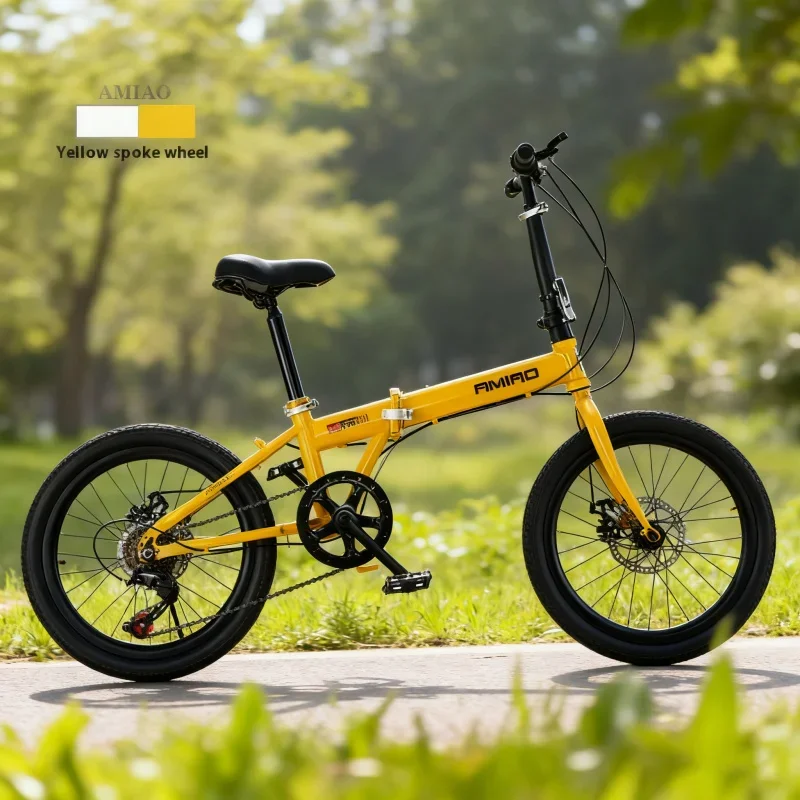 Scooter mobile a velocità variabile con freno a disco portatile da 20 pollici per bicicletta pieghevole per adulti con ruota a raggi gialli