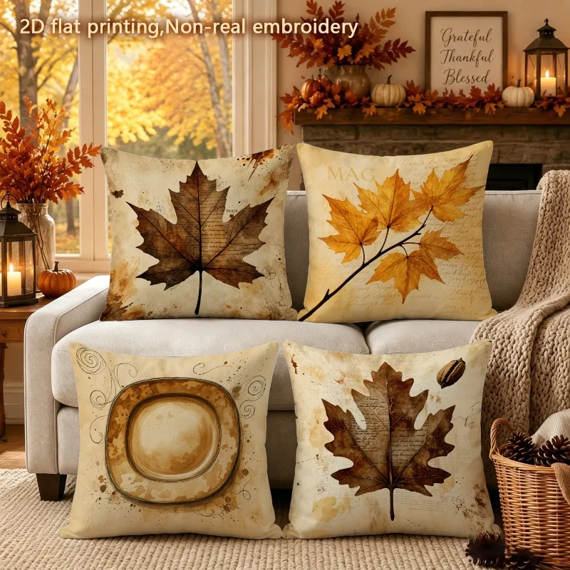 Set of 4 Autumn Fall Maple Leaf Printed Throw Pillow Covers Seasonal Harvest Decor Polyester Cushions for Home Accent