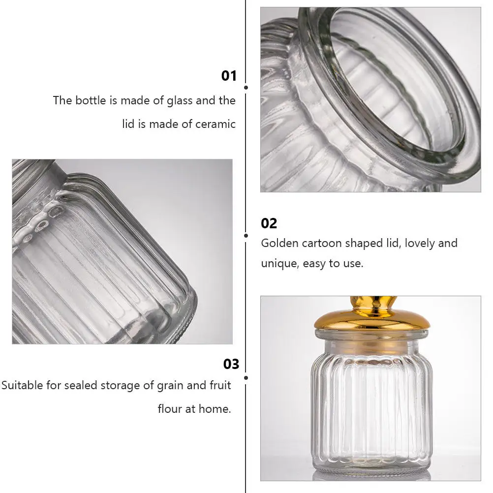 1Pcs Glass Tea Canister with Golden Cartoon Ceramic Lid Airtight Sealed Storage Tank for Tea Coffee Grains Flour Fruits Kitchen