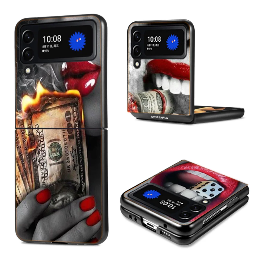 Flaming Red Lips Money Shockproof Case For Samsung Galaxy Z Flip 5 4 3 5G Funda ZFlip5 Black Hard ZFlip3 zflip4 zflip5 Phone Fun