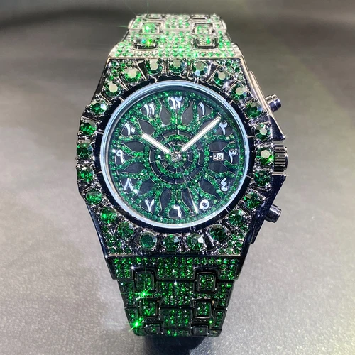 Reloj de pulsera MISSFOX Hip Hop para hombre, relojes de lujo con diamantes completos, reloj verde de moda, reloj con pantalla semanal resistente al agua 2025