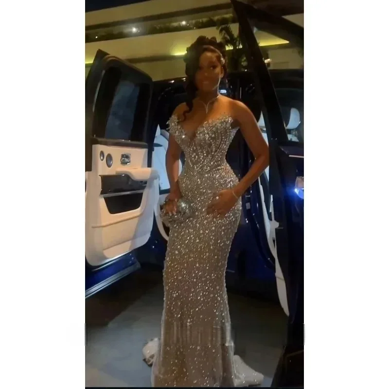Sparkly Long Prom Dresses For Black Girls Sweetheart Beaded American African Evening Gowns Birthday Party Robe Customized