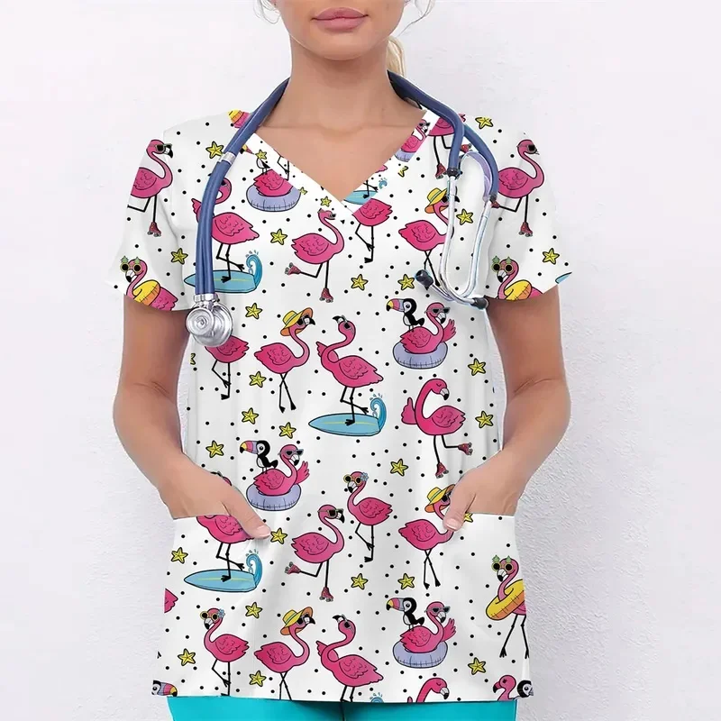 Female cartoon character3DPrinted work short sleevesTShirt with PocketVCollared medical staff work uniform top