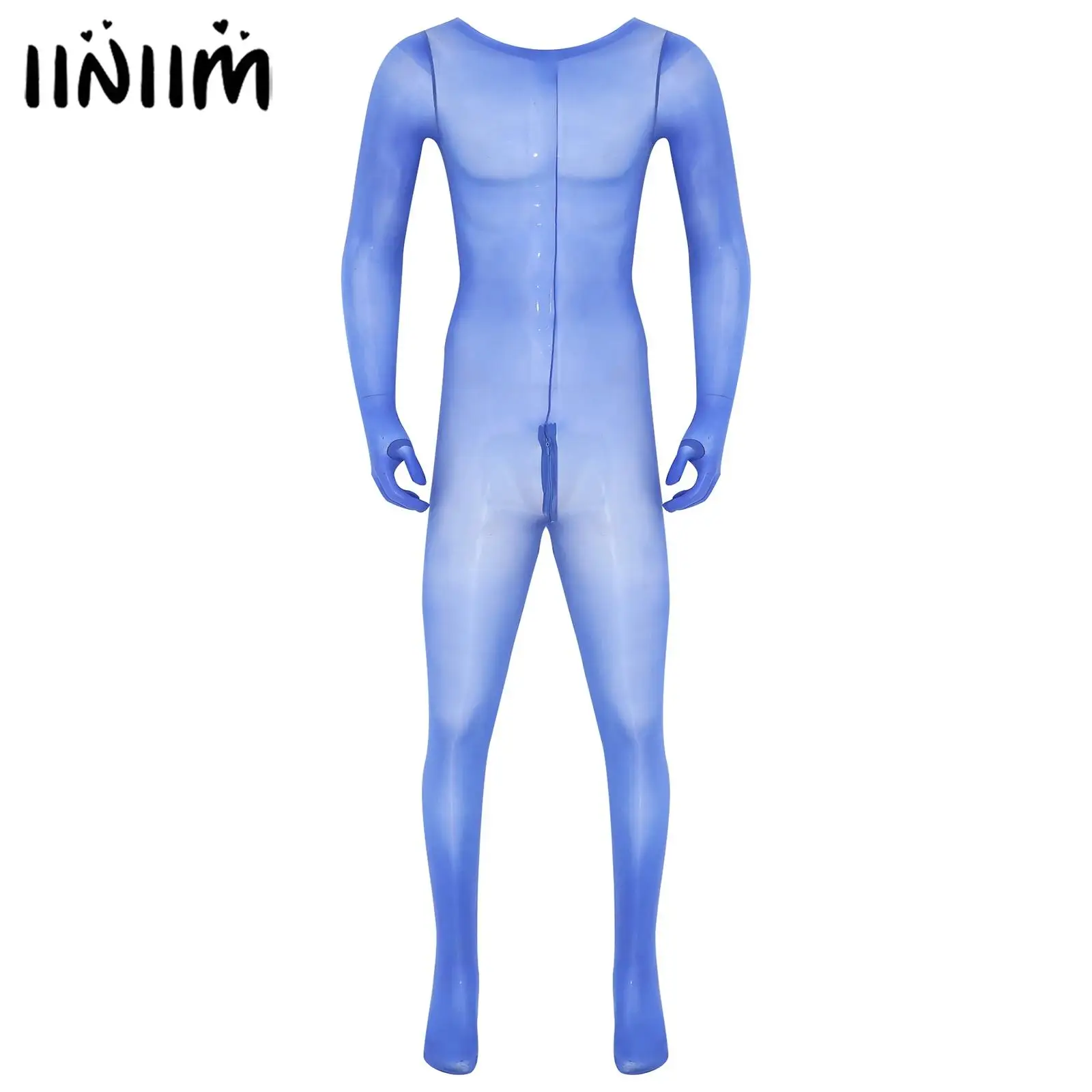 

Mens Lingerie Glossy Full Body Bodysuit Gloved Footed Jumpsuit Zipper Crotch See Through Rompers One Piece Nightwear Playsuit