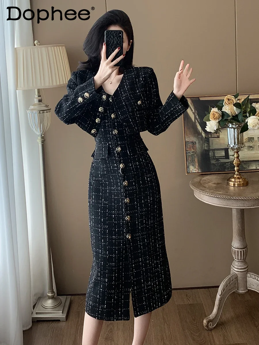 Autumn Office Lady Suspender Dress Sets French Temperament Commuter Style Coat and Dress  Two Piece Sets Womens Outifits