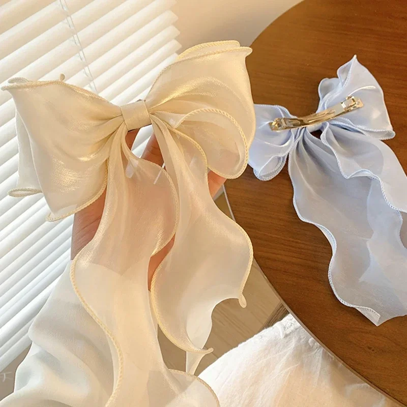 Fashion Chiffon Bow Hair Clips Blue Shining Satin Bowknot Hair Clips Ribbon Bow Barrette Hairpin Grip Ponytail Clip Headwear