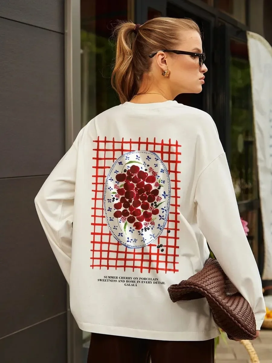 Camiseta de manga larga 100% algodón para mujer, ideal para el otoño, con un diseño original y divertido de dibujos animados, de corte holgado, versátil, elegante, que estiliza la figura y es perfecta para un look casual y moderno.