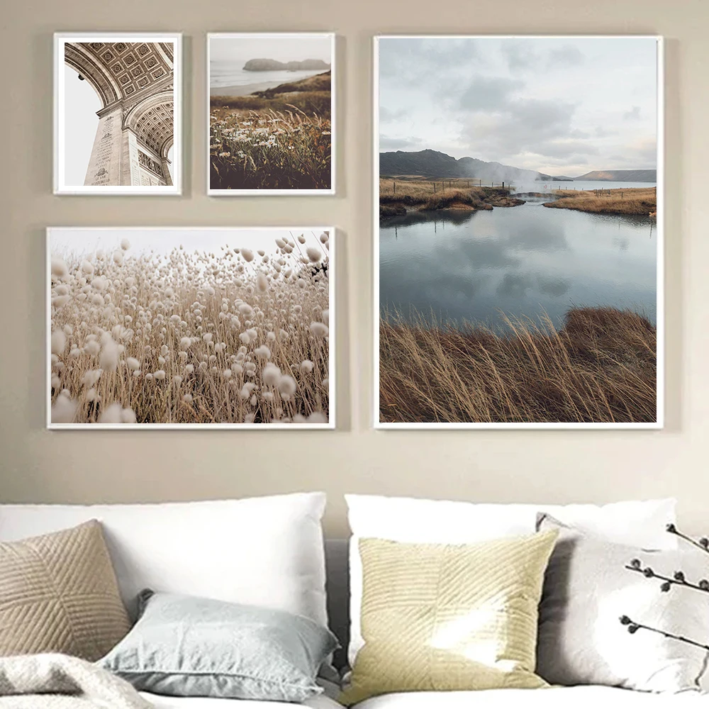 Building Reed Grass Wall Art Beige Dandelion Canvas Poster Print Pictures  Art Prints Lake Nordic Posters Bedroom Wall Decor
