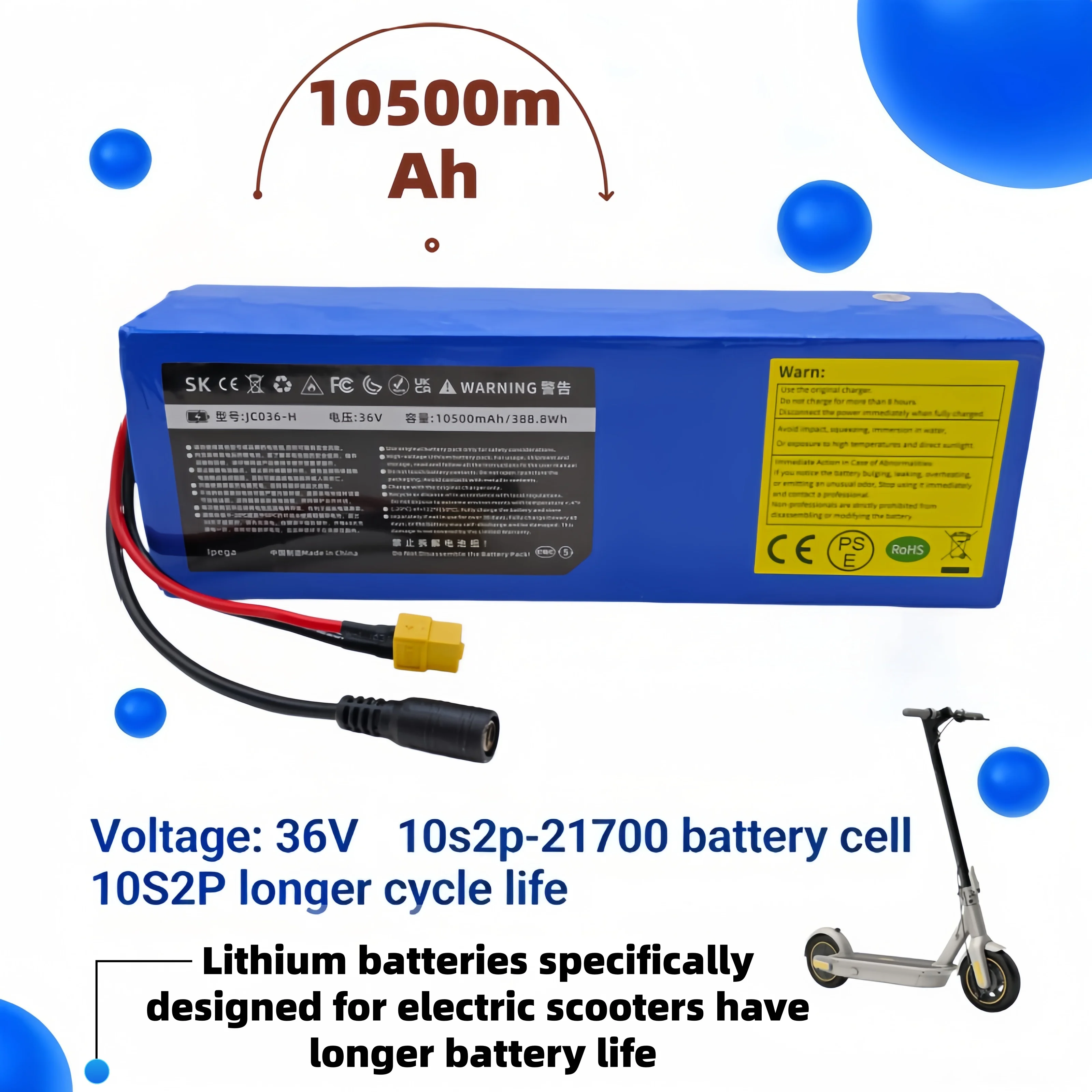 

36V electric scooter dedicated lithium battery 10S2P-21700 10500mAh 750W motor perfectly adapted for long-lasting power